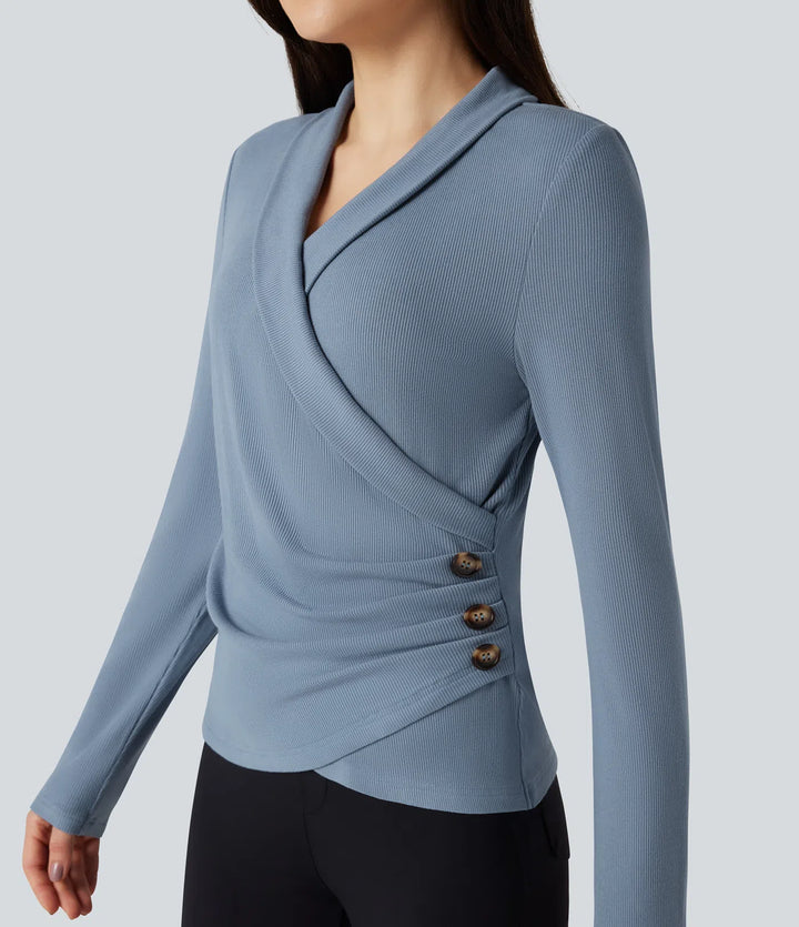 Ribbed Knit V-neck Crossover Long Sleeve Work Top