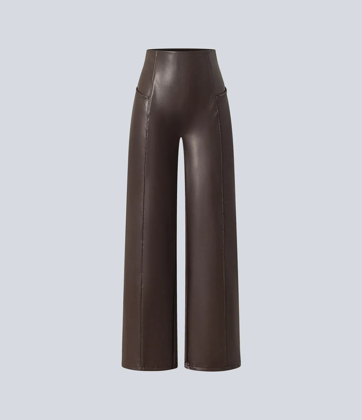High Waisted Tummy Control Stretchy PU Fleece Casual Flare Pants with Pockets