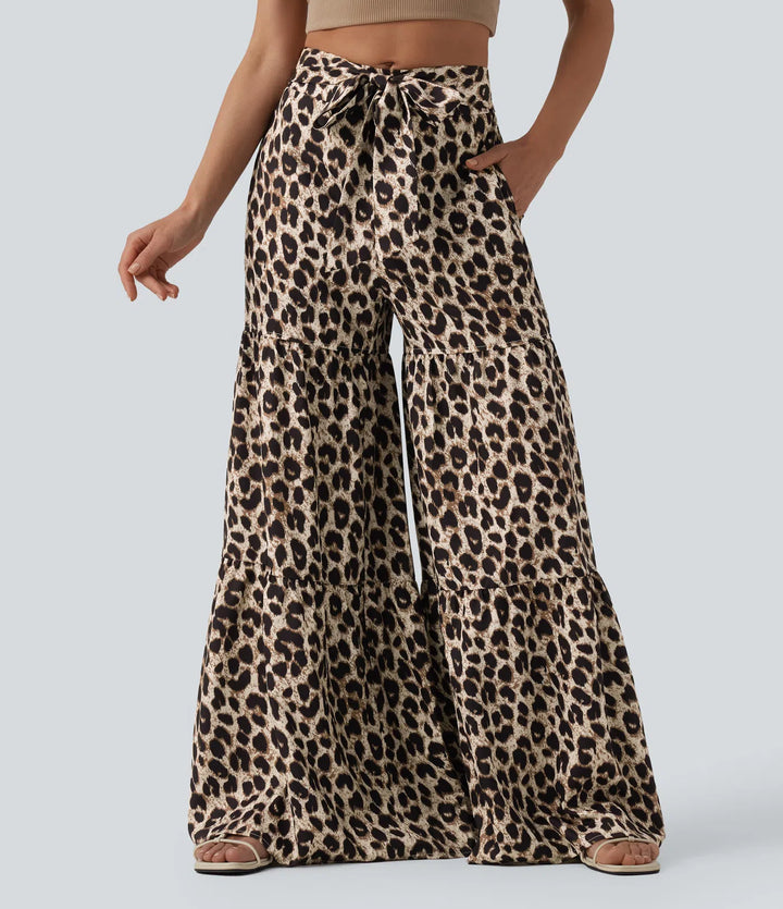 Mid Rise Tie Front Baggy Leopard Print Casual Pants with Pockets