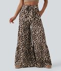 Mid Rise Tie Front Baggy Leopard Print Casual Pants with Pockets