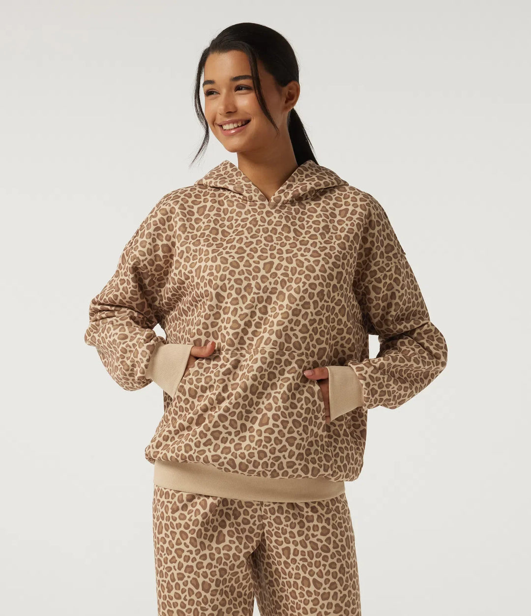 Hooded Long Sleeve Leopard Print Casual Sweatshirt with Pocket