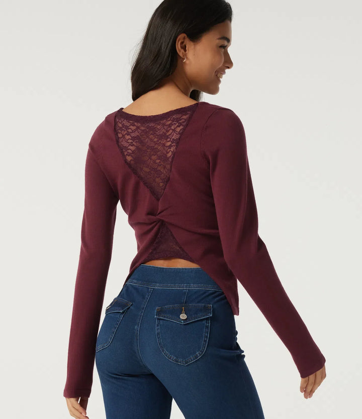 Boat Neck Long Sleeve Contrast Lace Cut Out Back Casual Sweater