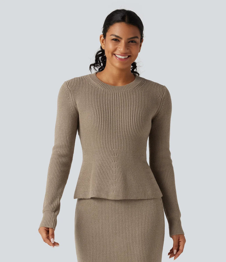 Round Neck Long Sleeve Ruffle Hem Work Sweater
