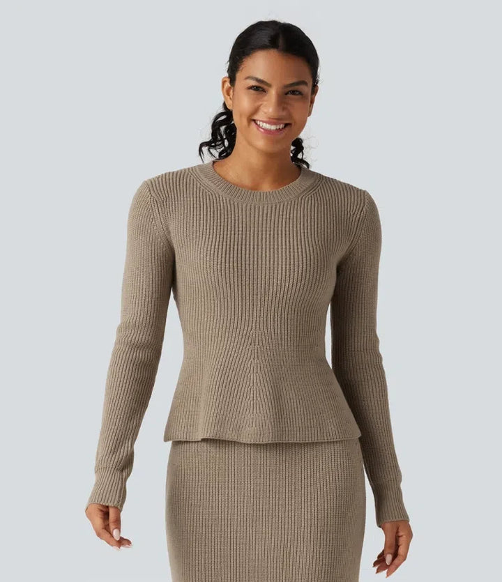 Round Neck Long Sleeve Ruffle Hem Work Sweater