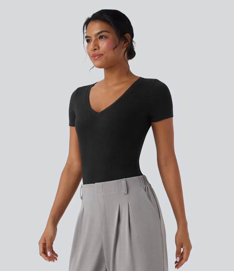 Ribbed Knit V-neck Short Sleeve Work Bodysuit