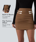 Ribbed High Waisted Tummy Control Ruched Curved Hem 2-in-1 Mini Bodycon Party Skirt