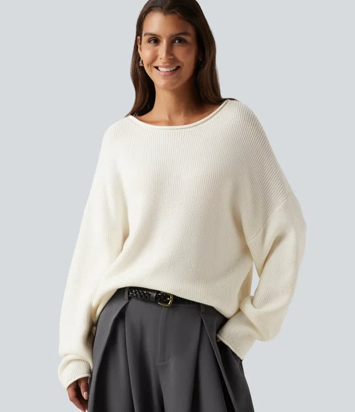 Round Neck Long Sleeve Rolled Hem Work Sweater