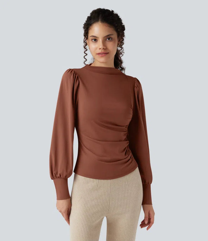 Mock Neck Long Sleeve Ruched Casual Top