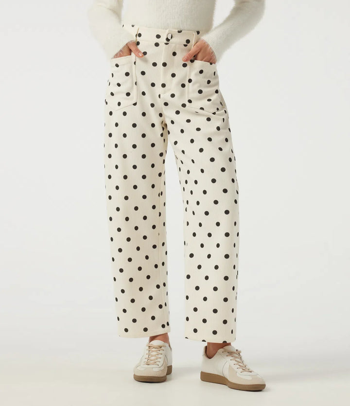 Mid Rise Barrel Leg Polka Dot Corduroy Casual Pants with Pockets