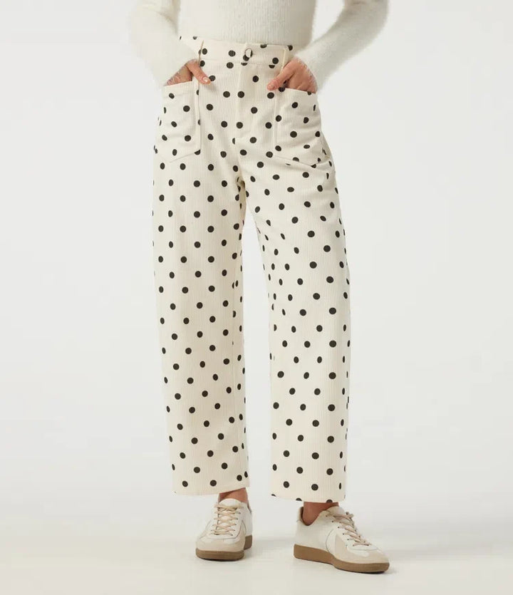 Mid Rise Barrel Leg Polka Dot Corduroy Casual Pants with Pockets