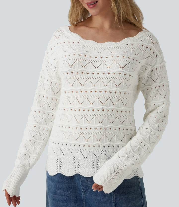 Boat Neck Long Sleeve Open Knit Casual Sweater