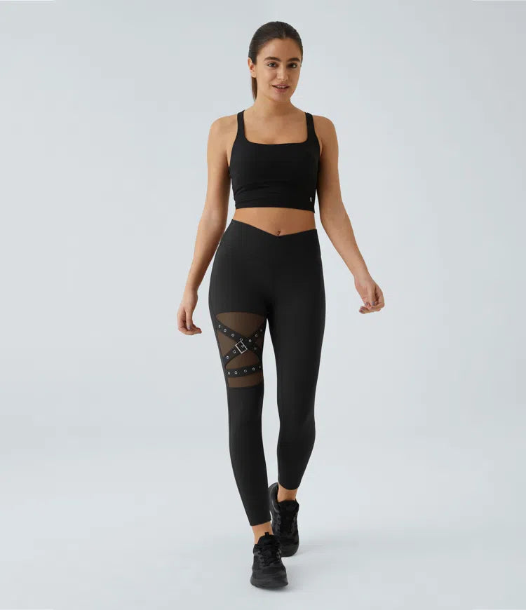 DayStretch High Waisted Crossover Contrast Mesh Decorative Buckle Yoga Leggings