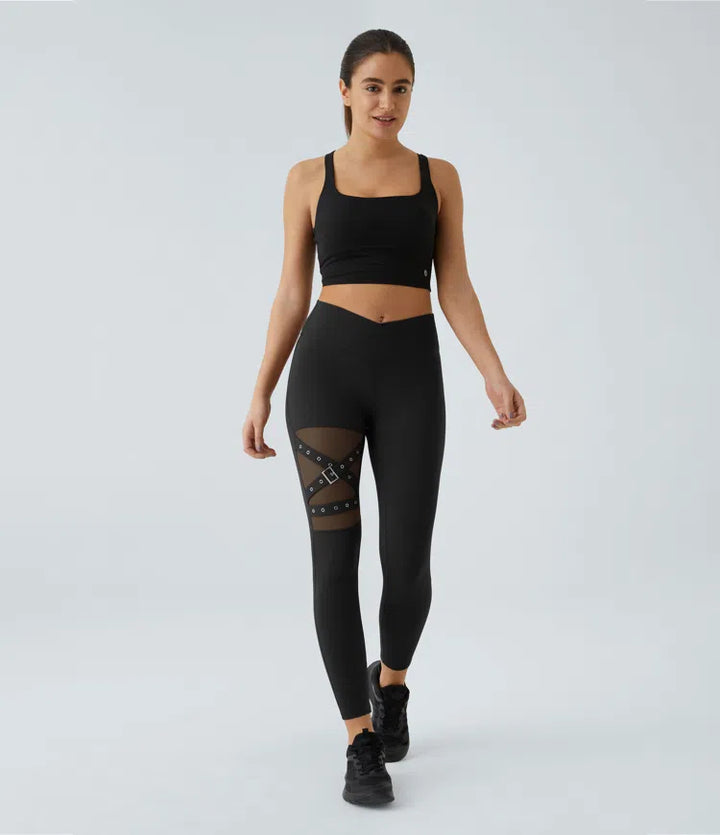 DayStretch High Waisted Crossover Contrast Mesh Decorative Buckle Yoga Leggings