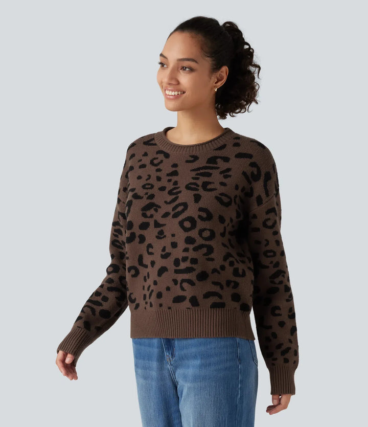 Round Neck Leopard Print Long Sleeve Casual Sweater