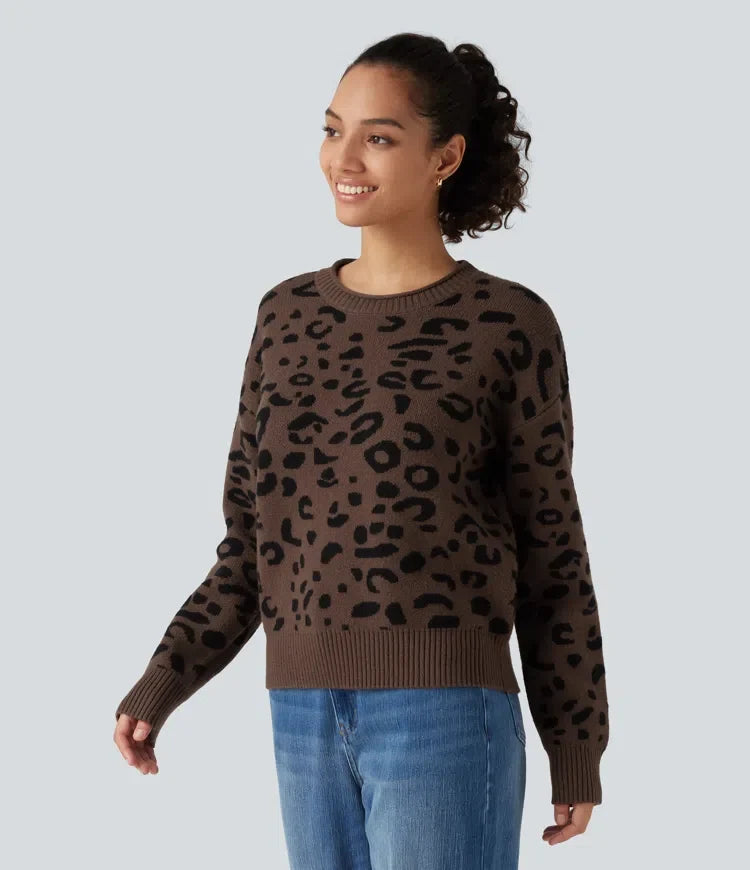 Round Neck Leopard Print Long Sleeve Casual Sweater