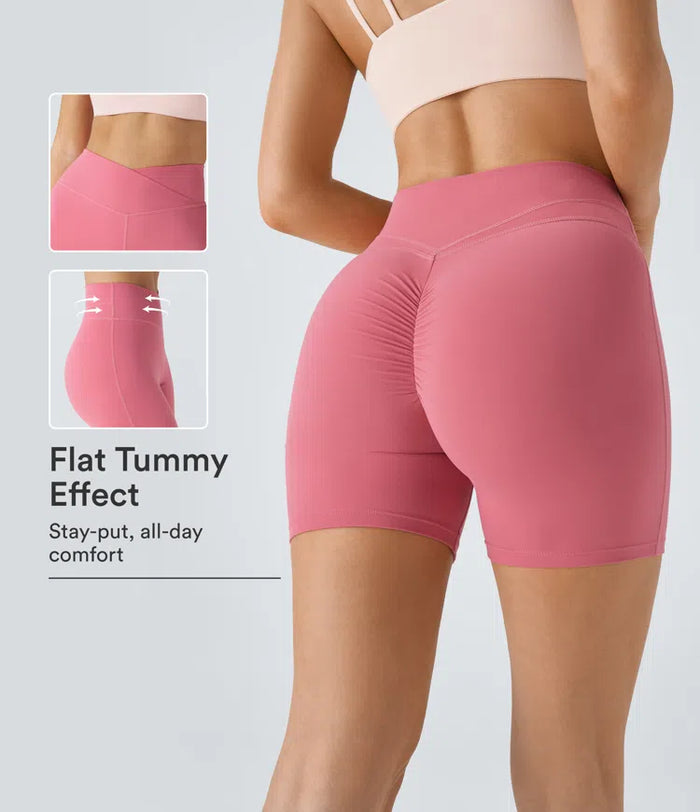 SoftlyZero Plush High Waisted Crossover Ruched Yoga Shorts 5''