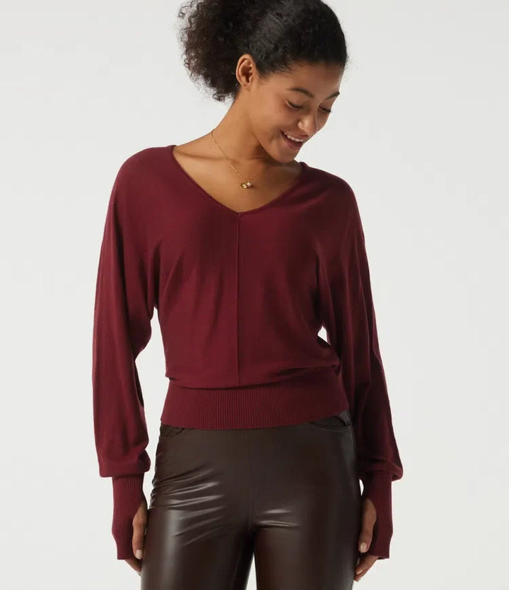 V Neck Batwing Long Sleeve Casual Sweater with Thumbholes