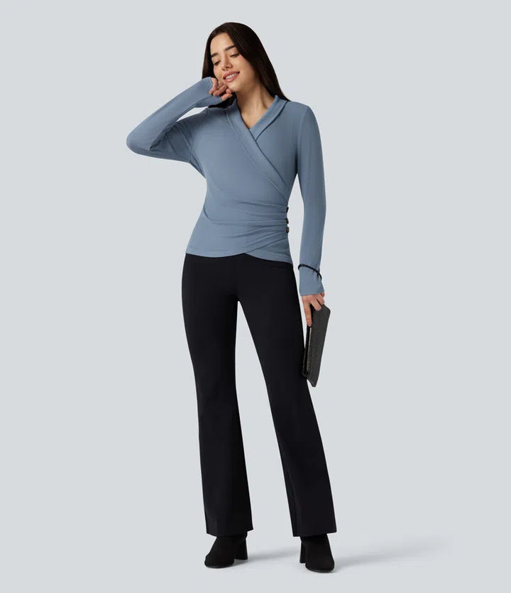 Ribbed Knit V-neck Crossover Long Sleeve Work Top