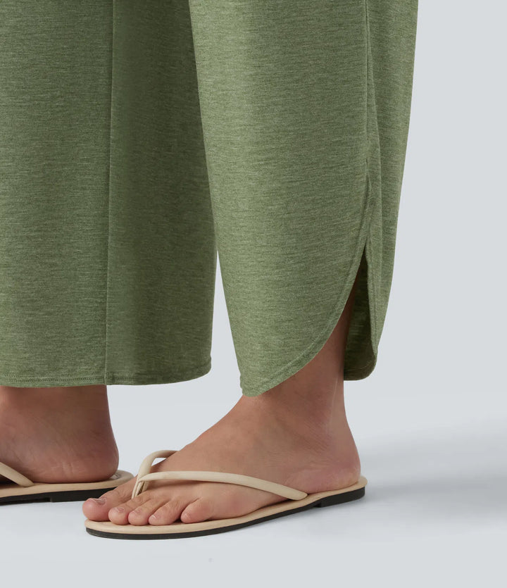 High Waisted Tummy Control Curved Hem Casual Pants with Pockets