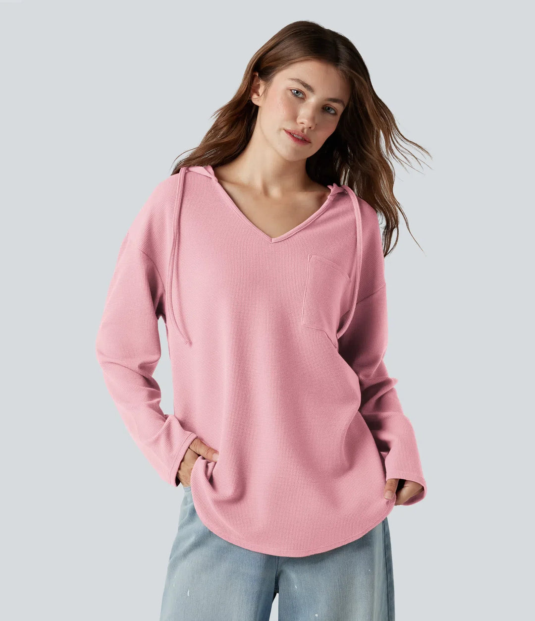 Hooded Drawstring Long Sleeve Curved Hem Waffle Casual Sweatshirt with Pocket