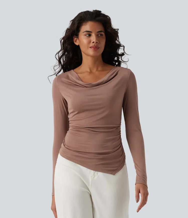 Ribbed Halter Off Shoulder Long Sleeve Ruched Asymmetric Hem Casual Top