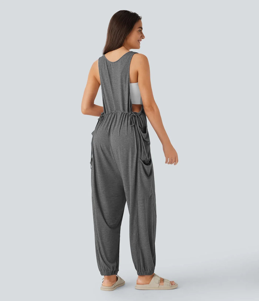 U Neck Drawstring Pockets Casual Jumpsuit