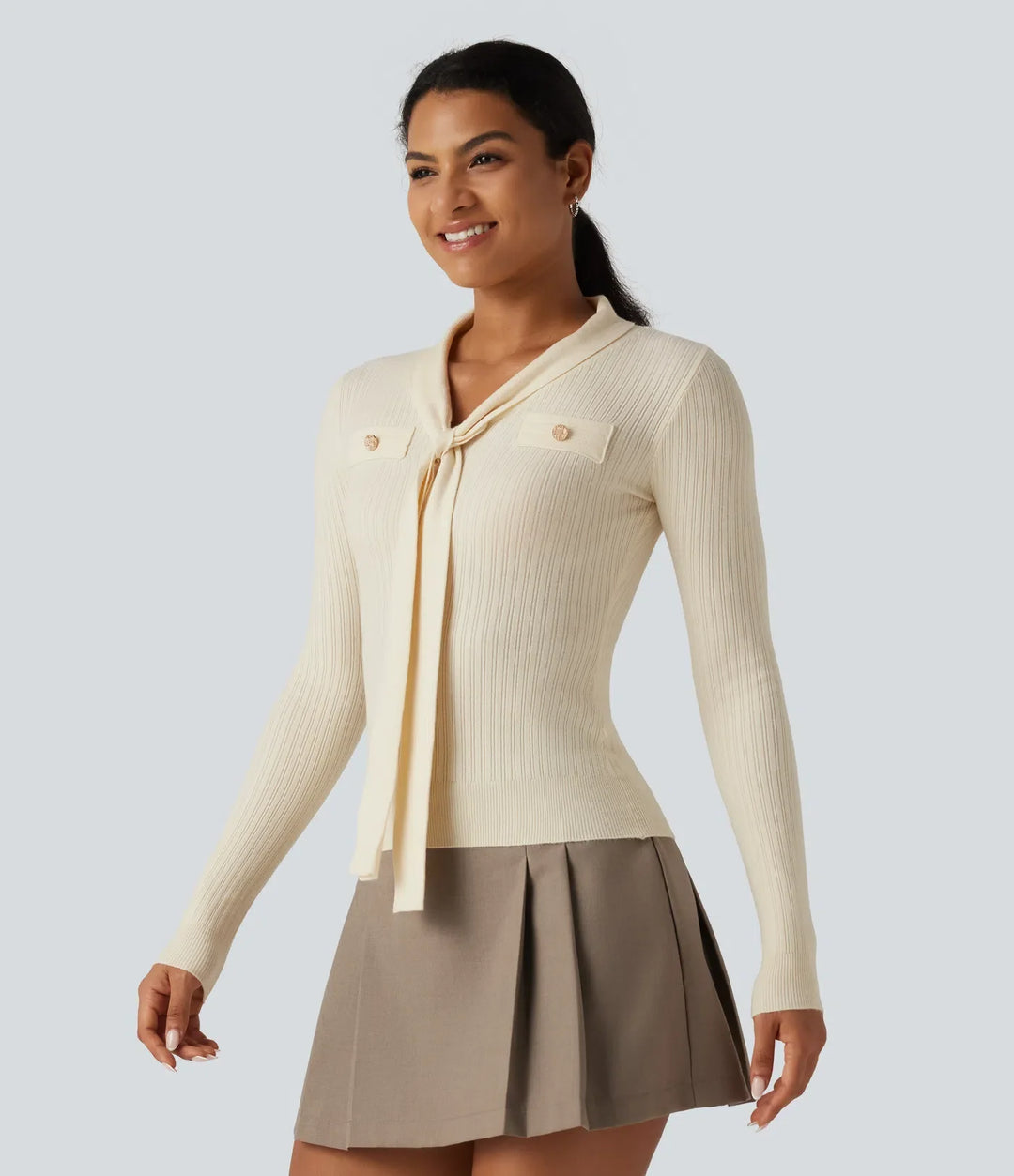 V Neck Long Sleeve Tie Front Slim Work Sweater