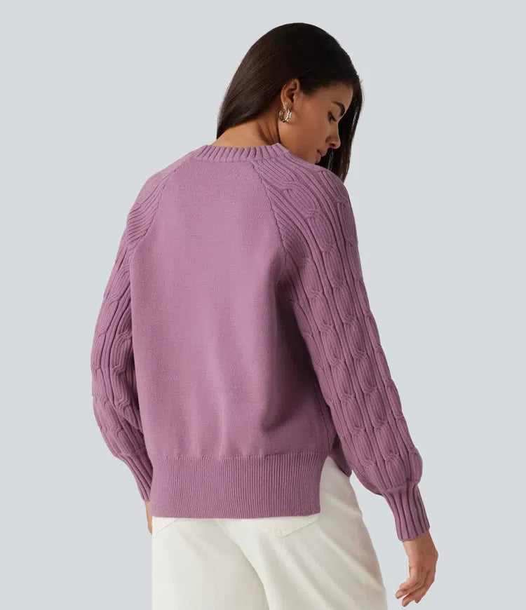 Round Neck Long Sleeve Slit Hem Casual Sweater