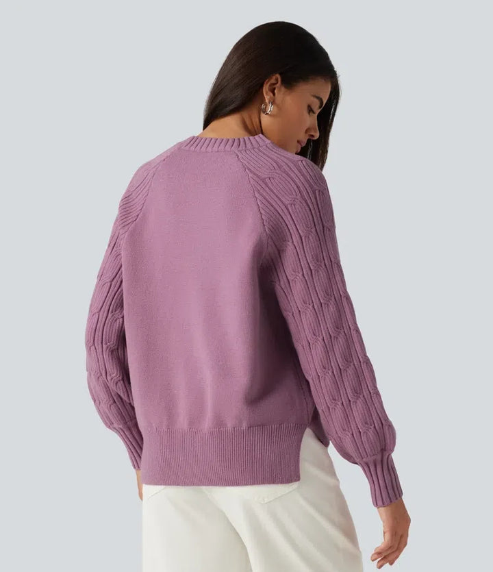 Round Neck Long Sleeve Slit Hem Casual Sweater