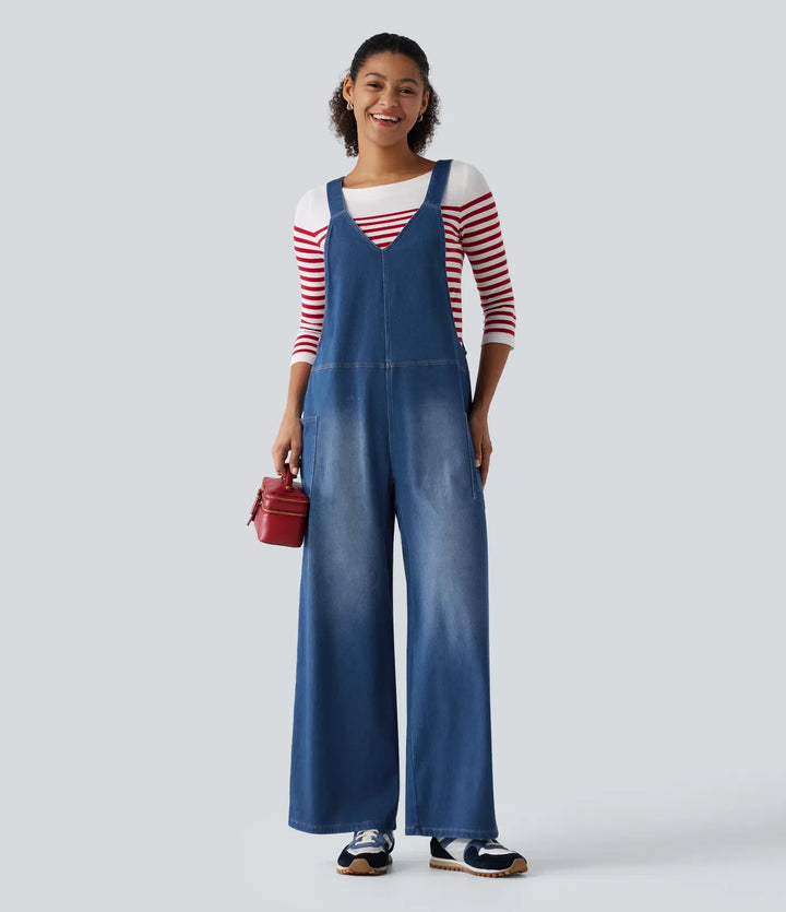 Halara Flex V Neck Wide Leg Denim Casual Overalls with Pockets
