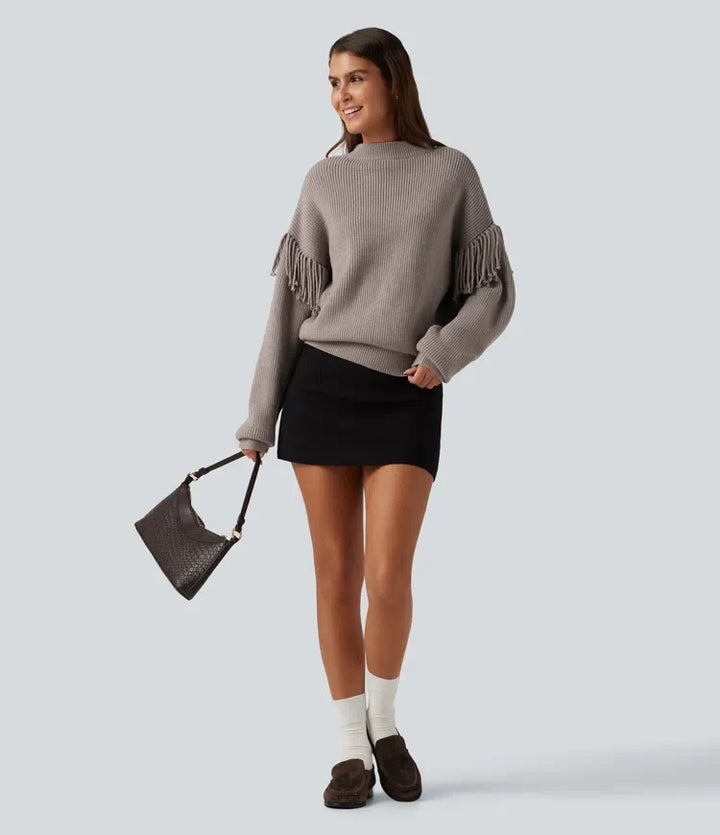 Round Neck Long Sleeve Fringe Work Sweater