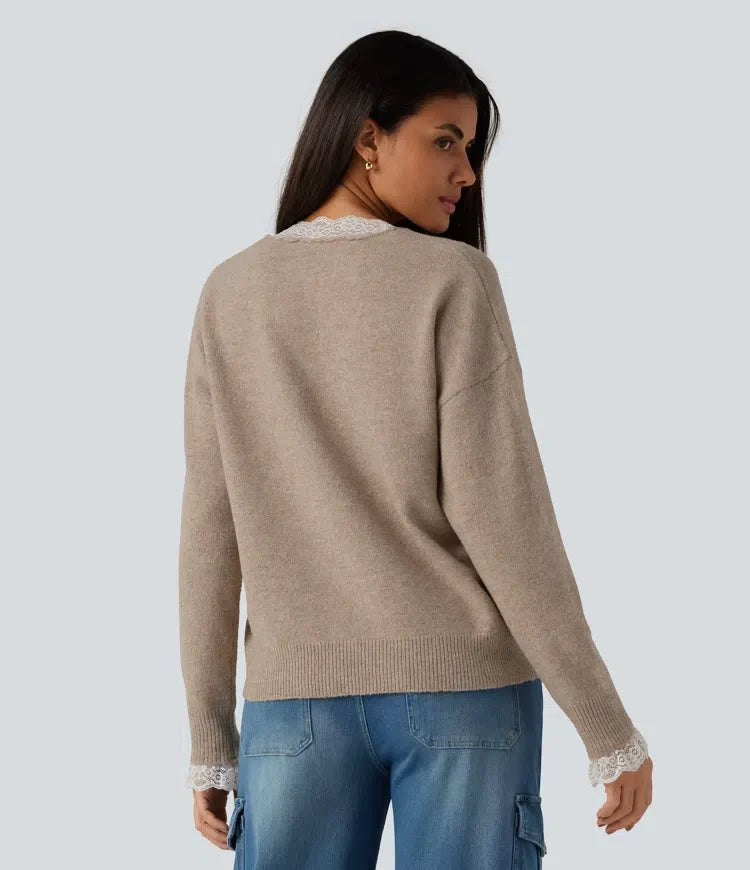V Neck Contrast Lace Dropped Long Sleeve Casual Sweater