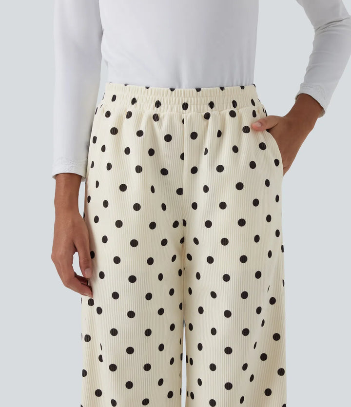 Mid Rise Polka Dot Straight Leg Corduroy Casual Pants with Pockets