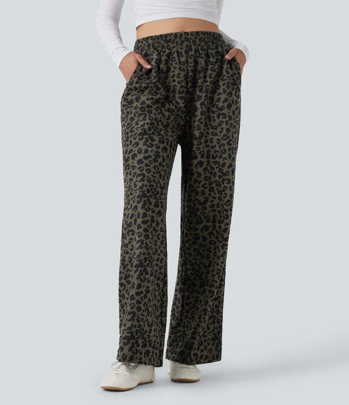 High Waisted Leopard Print Corduroy Casual Baggy Pants with Pockets