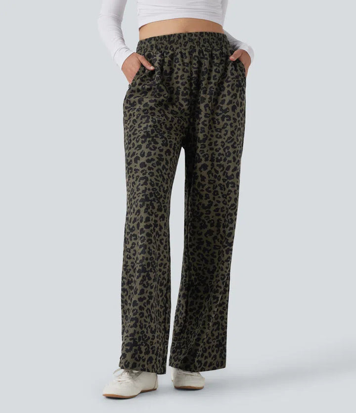 High Waisted Leopard Print Corduroy Casual Baggy Pants with Pockets