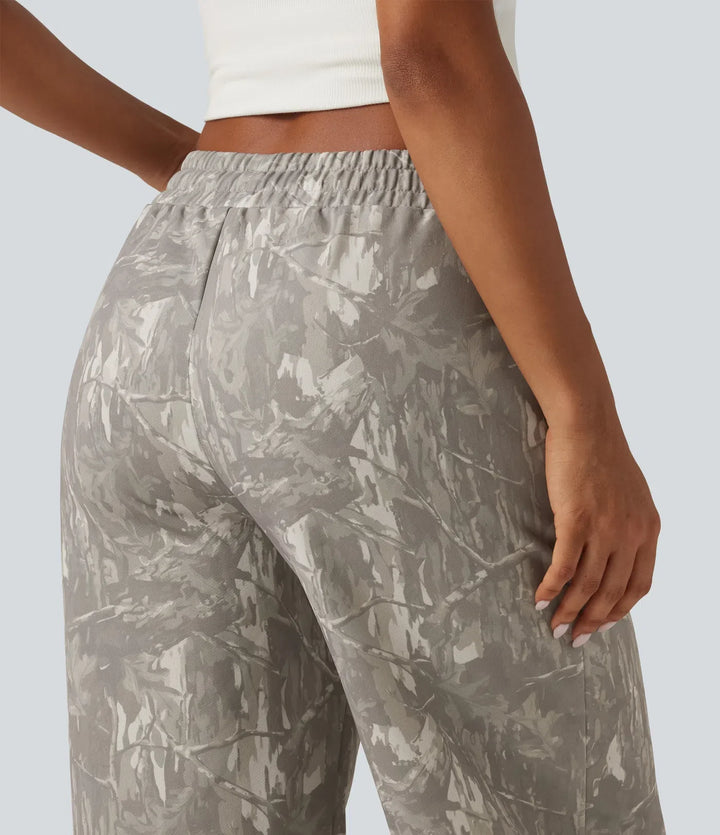 Mid Rise Straight Leg Patterned Inner Drawstring Fleece Casual Sweatpants with Pockets