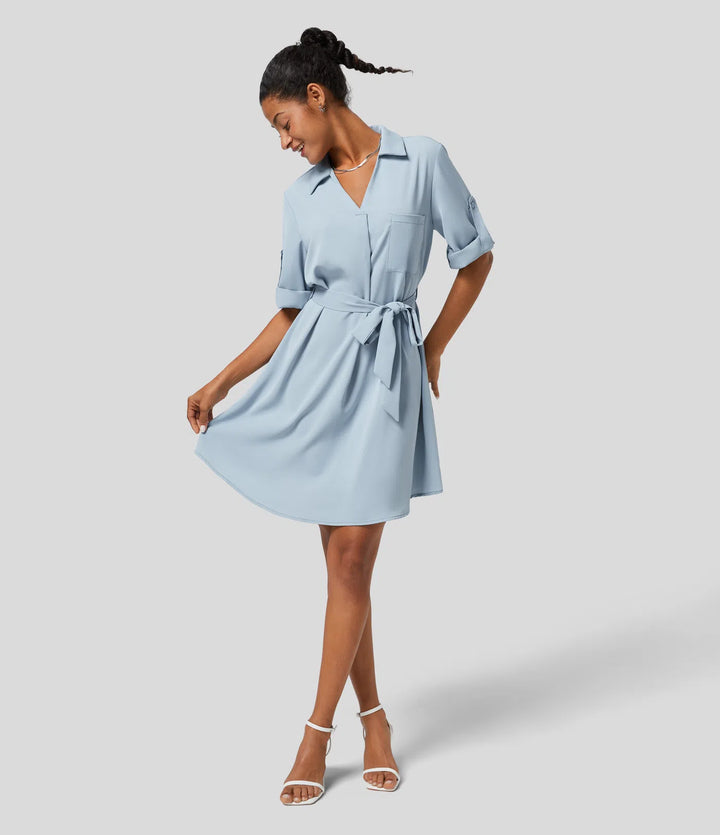 Roll Up Sleeve Belted Relaxed Work Shirt Dress
