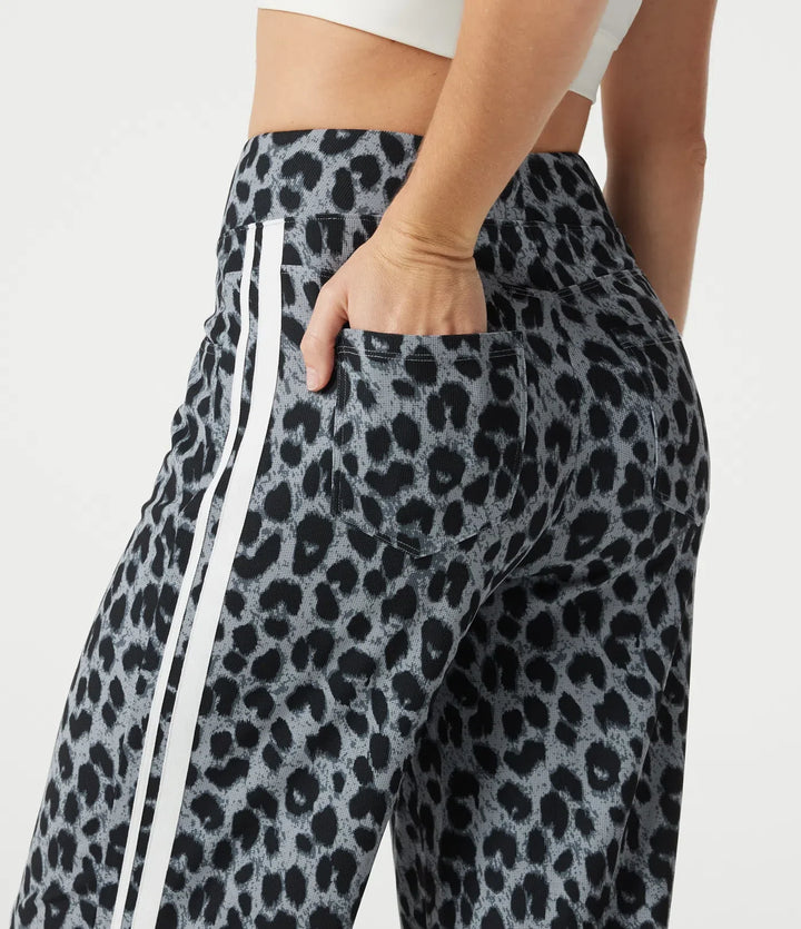 High Waisted Baggy Color Block Leopard Print Waffle Casual Pants with Pockets