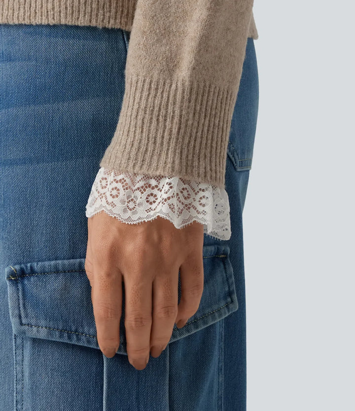 V Neck Contrast Lace Dropped Long Sleeve Casual Sweater