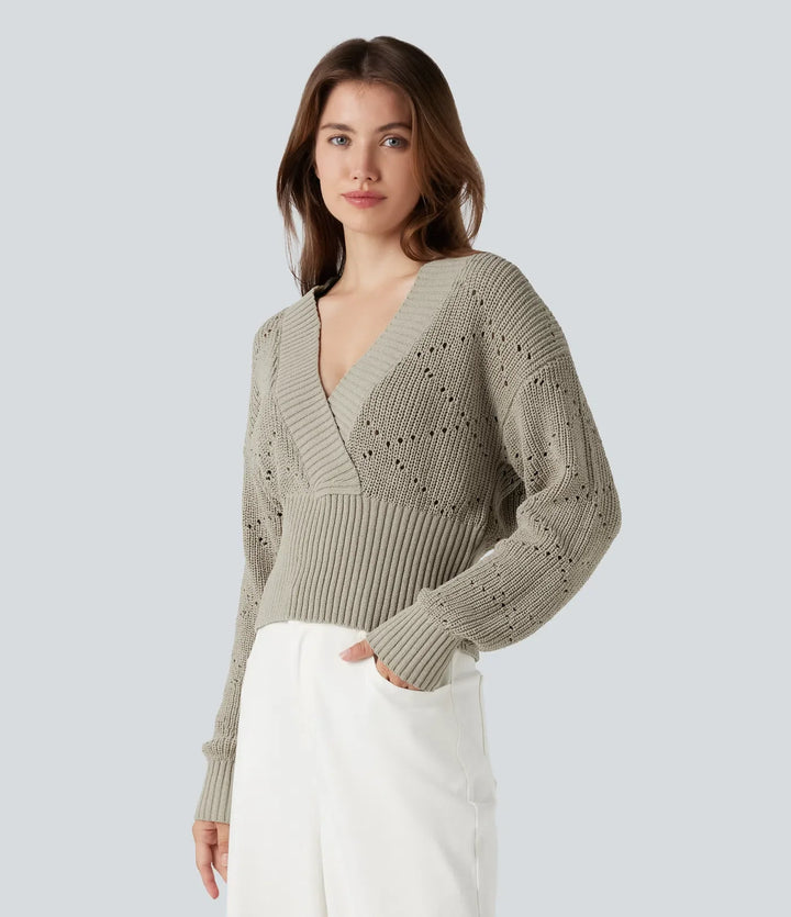 V-neck Long Sleeve Hollow Out Work Sweater