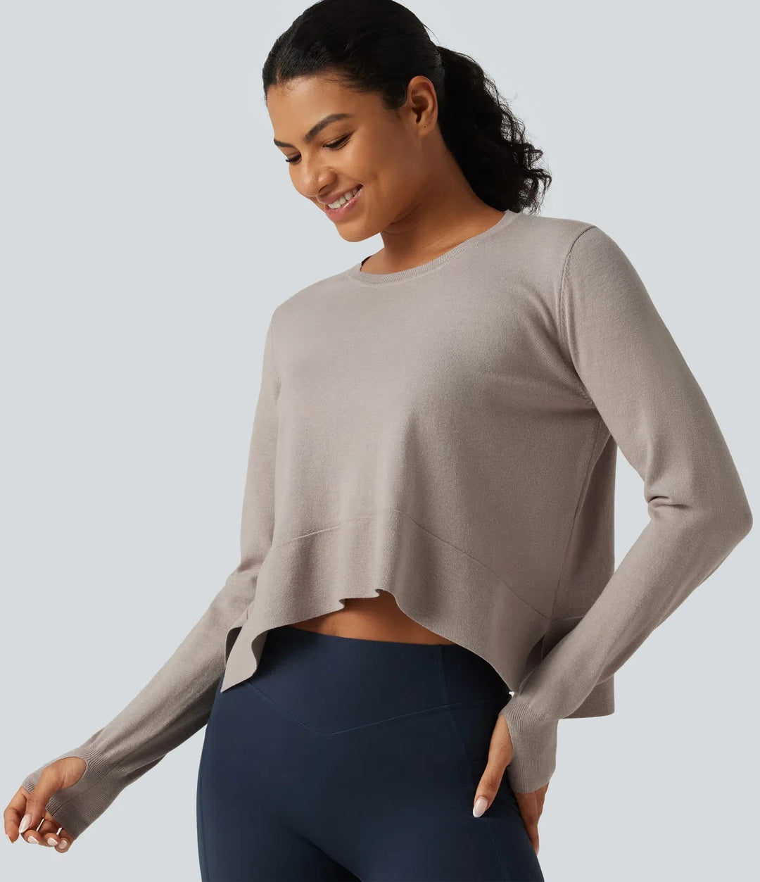 Round Neck Long Sleeve Asymmetric Thumb Holes Casual Sweater