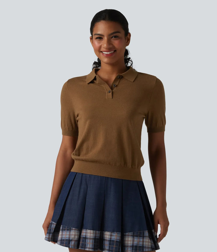 Polo Neck Short Sleeve Wool-Blend Casual Sweater