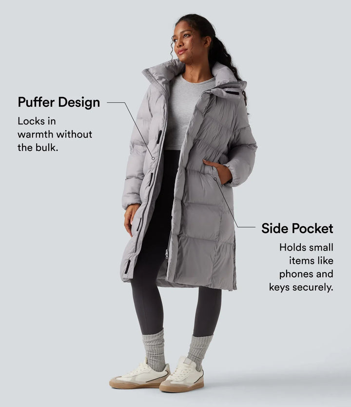 Hooded Long Sleeve Zipper Longline Casual Puffer Jacket with Pockets