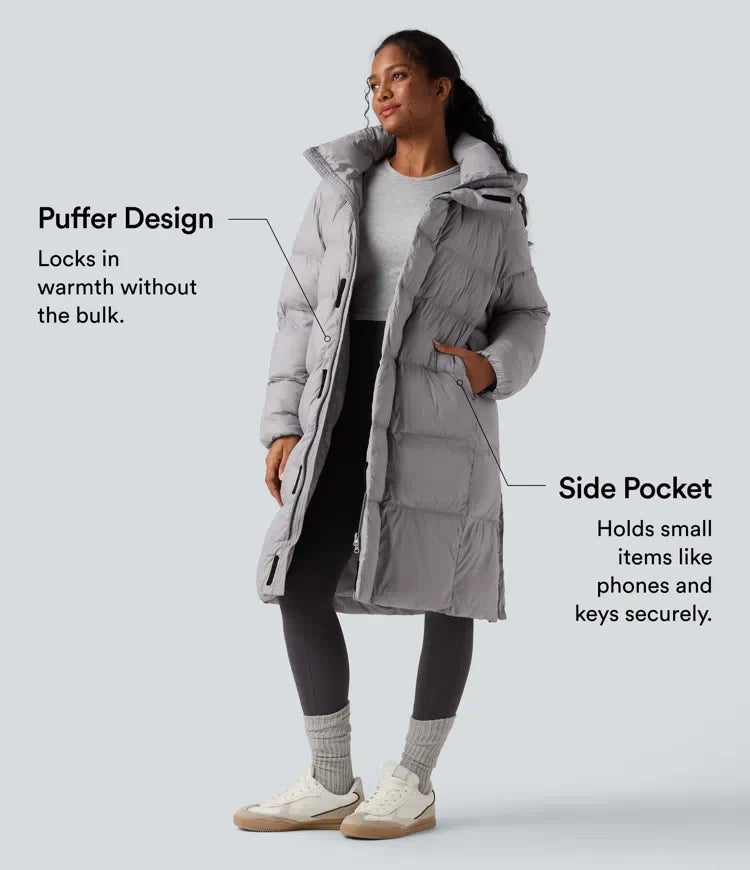 Hooded Long Sleeve Zipper Longline Casual Puffer Jacket with Pockets