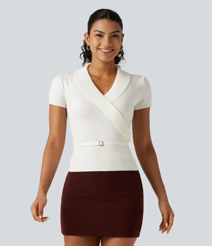 V Neck Short Sleeve Ruched Slim Casual Sweater