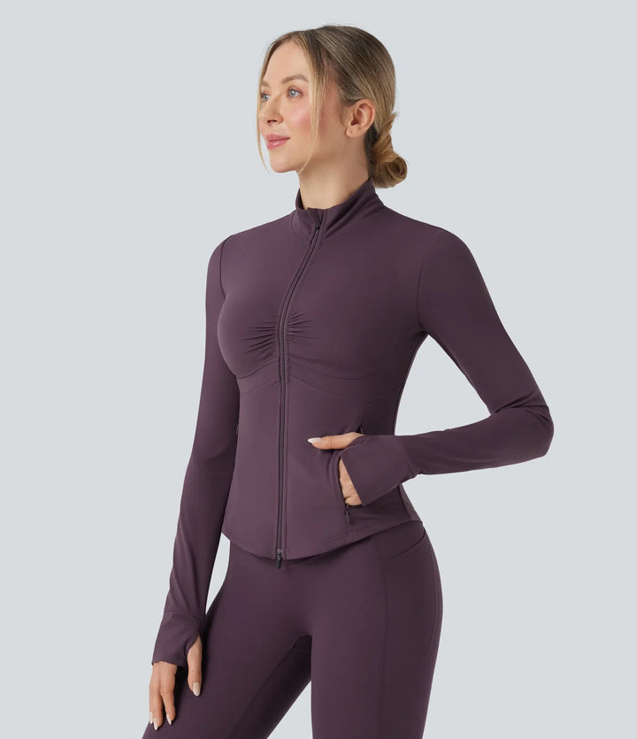 Halara UltraSculpt Mock Neck Ruched Push-Up Long Sleeve Thumb Hole Yoga Jacket with Pockets