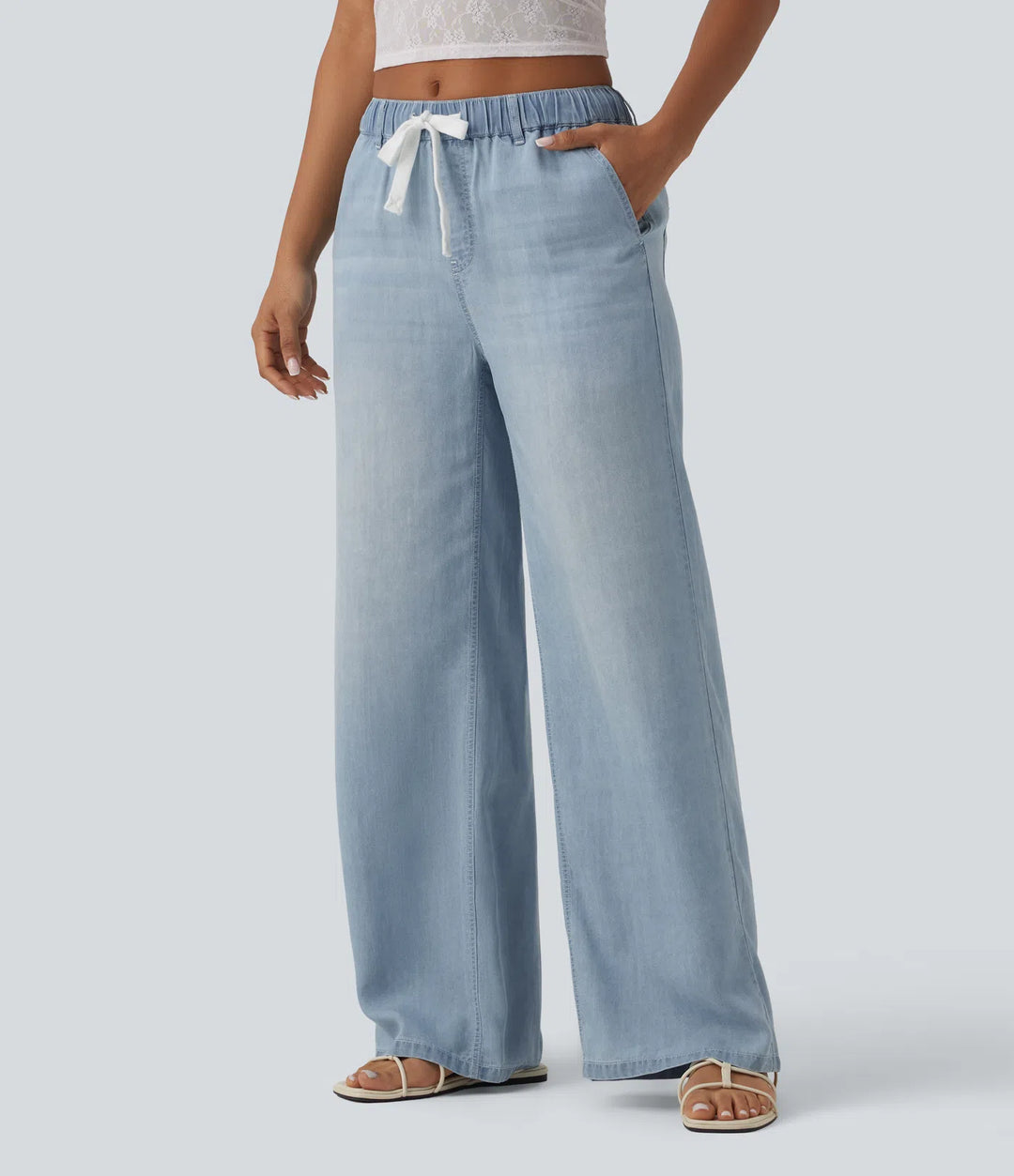 Mid Rise Drawstring Casual Jeans with Pockets