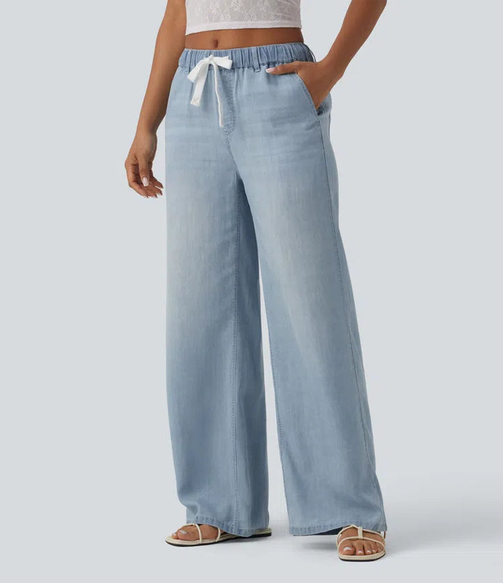 Mid Rise Drawstring Casual Jeans with Pockets