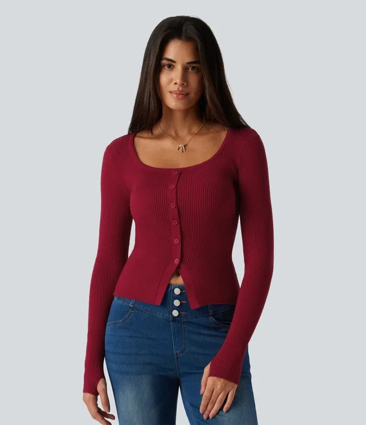 Square Neck Long Sleeve Thumb Hole Casual Sweater