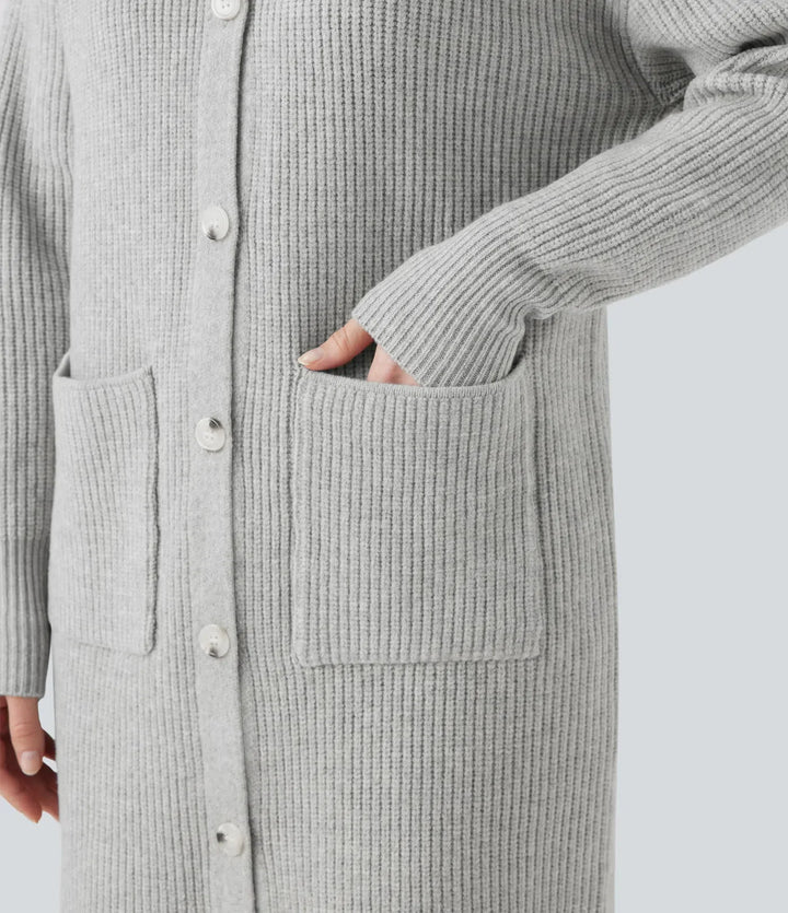 Collar Long Sleeve Button Fly Casual Longline Cardigan with Pockets